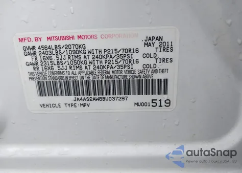2011 Mitsubishi Outlander Es z USA, uszkodzony, nr VIN JA4AS2AW8BU037297